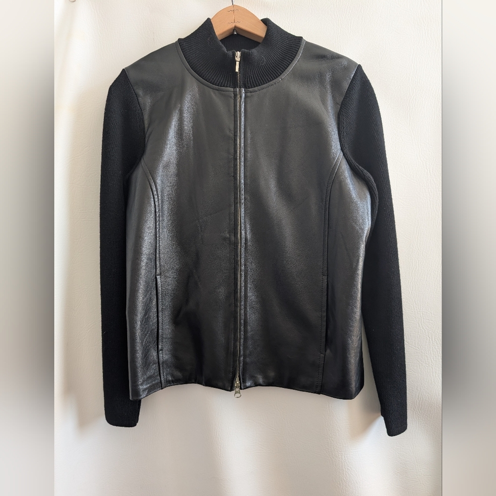 Pendleton Wool Leather Black Full Zip Cardigan Knit Sweater Jacket - M